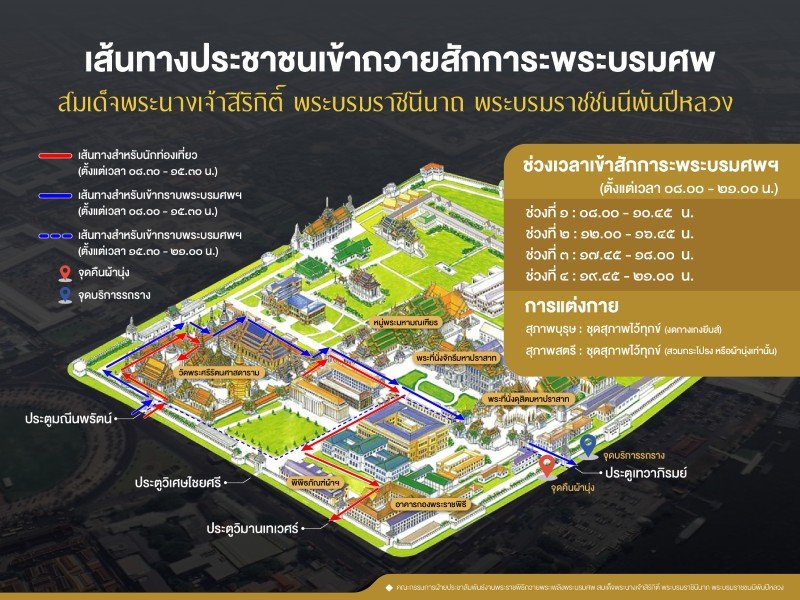 สำนักพระราชวัง ขอแจ้งเส้นทางเข้ากราบถวายบังคมพระบรมศพ สมเด็จพระนางเจ้าสิริกิติ์ พระบรมราชินีนาถ พระบรมราชชนนีพันปีหลวง